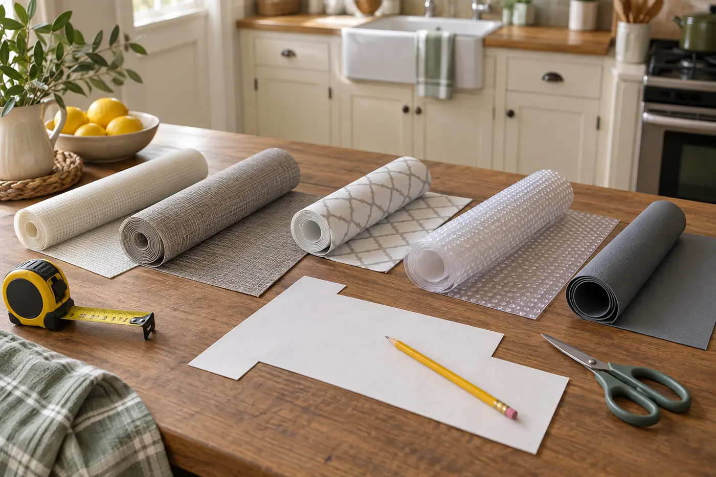 Rolls and samples of removable cabinet liner beside measuring tools