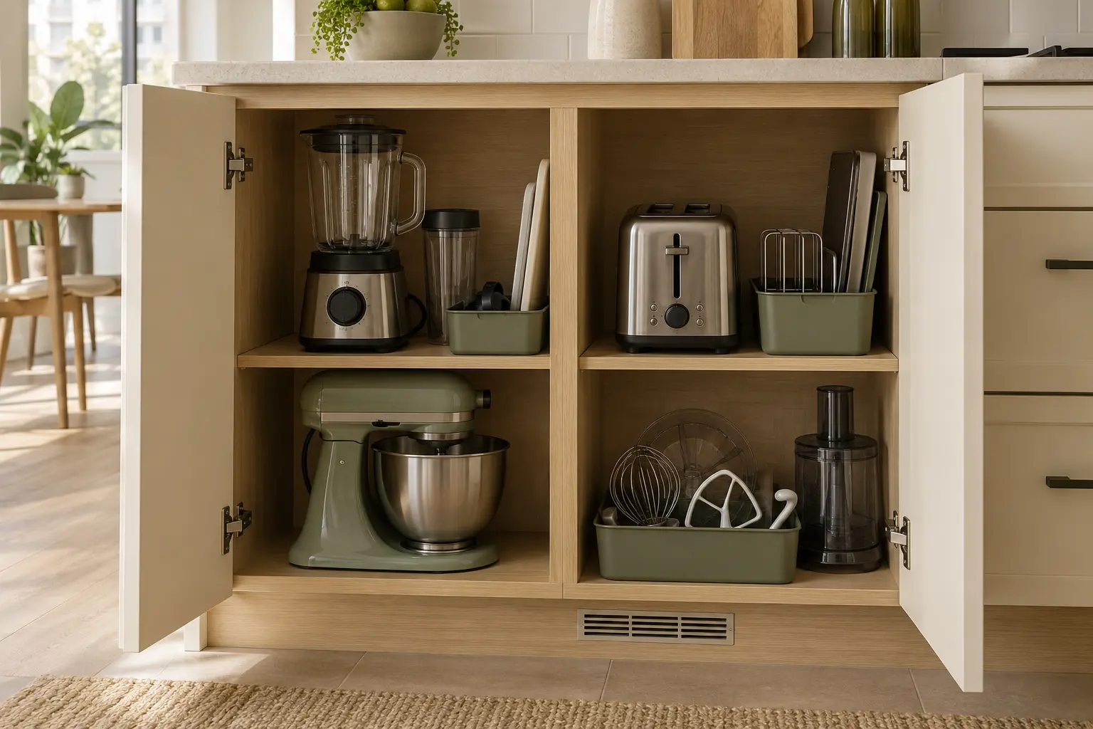 Open lower kitchen cabinet storing a blender toaster mixer and grouped attachments
