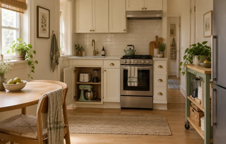 Compact kitchen with toaster blender and mixer stored in a lower cabinet and slim cart
