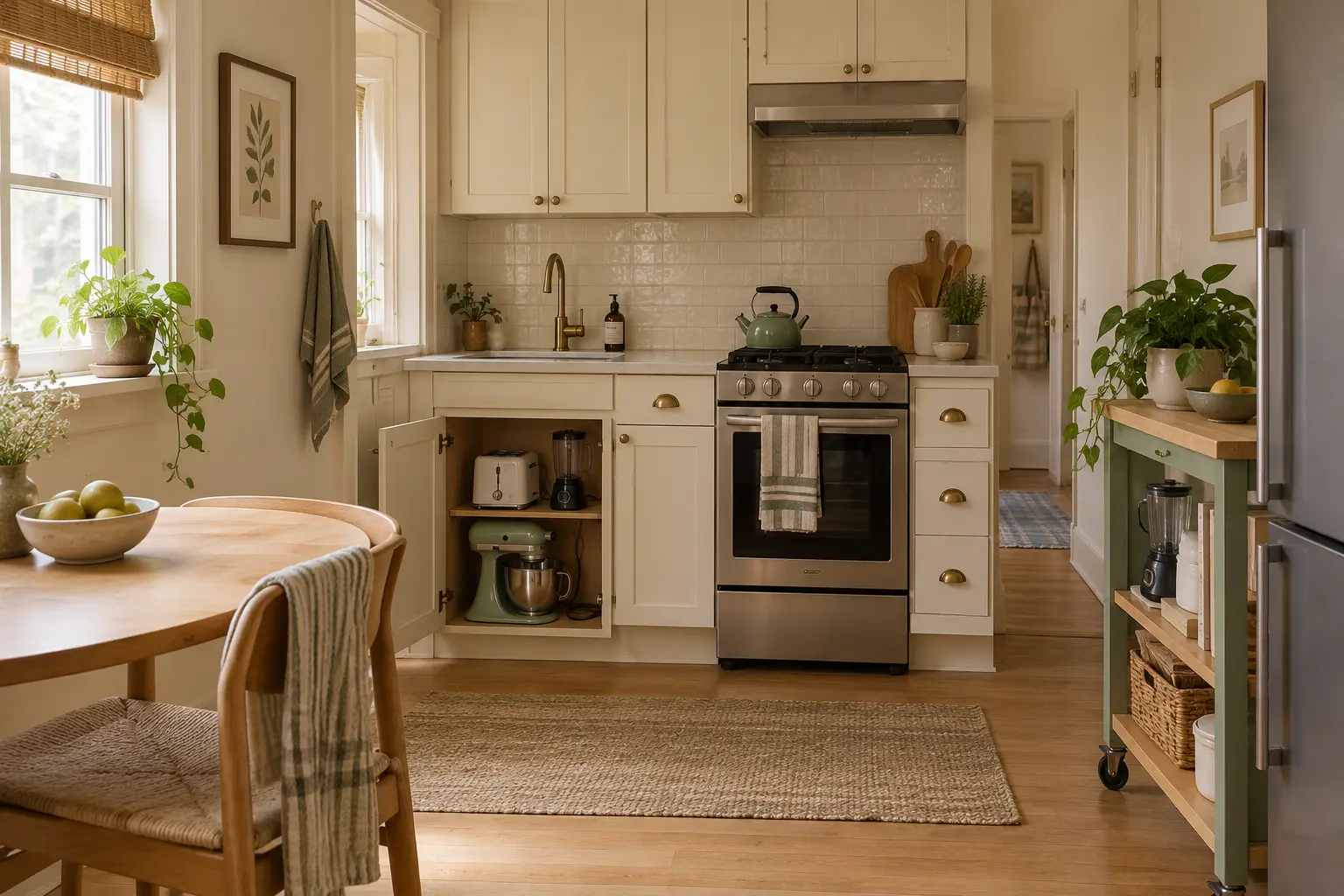 Compact kitchen with toaster blender and mixer stored in a lower cabinet and slim cart