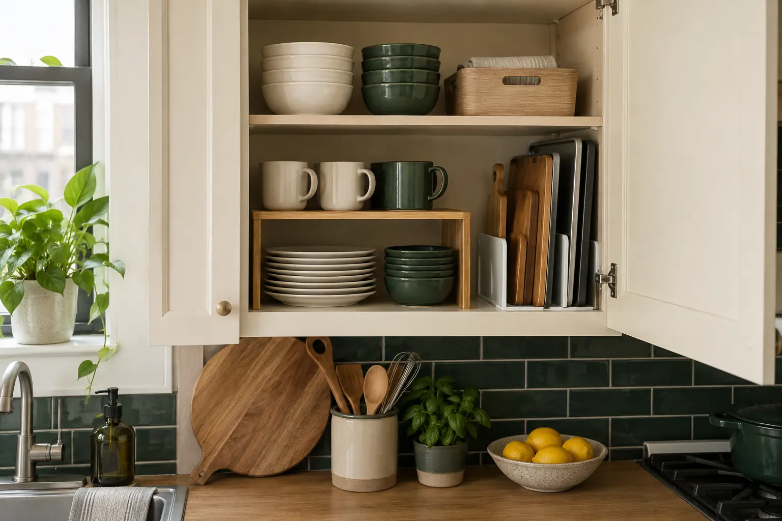 Open kitchen cabinet with dishes on a shelf riser and boards stored vertically