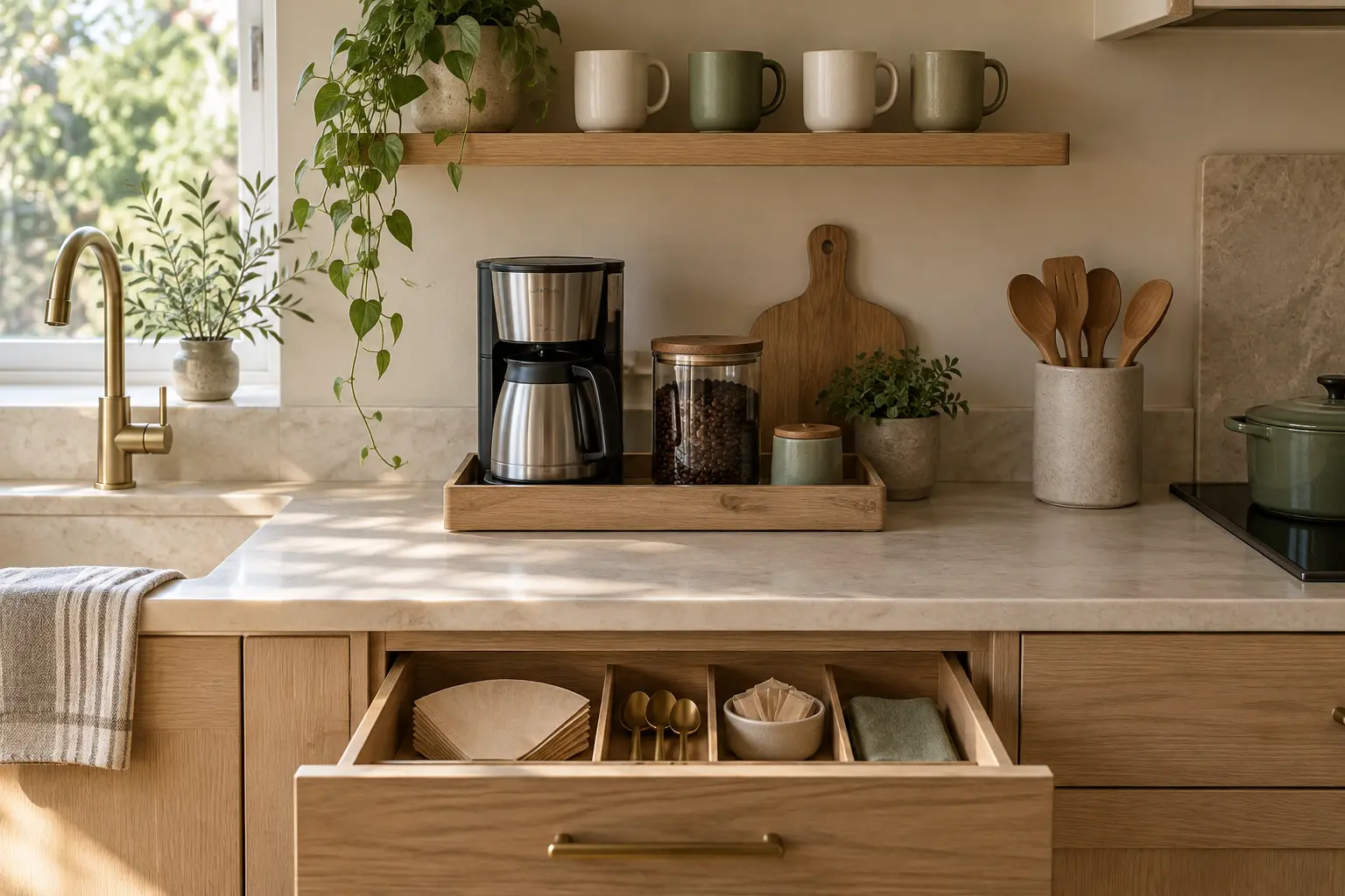 Small coffee maker and jar on a tray with mugs above and filters in an open drawer