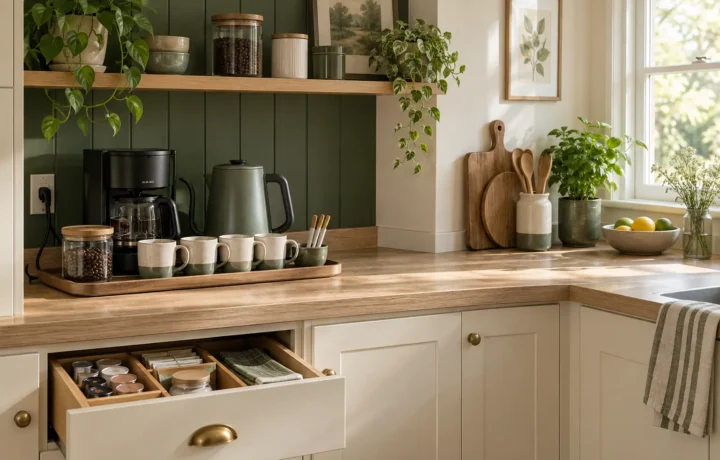 Compact coffee station with coffee maker kettle mugs and jar on one section of a small counter