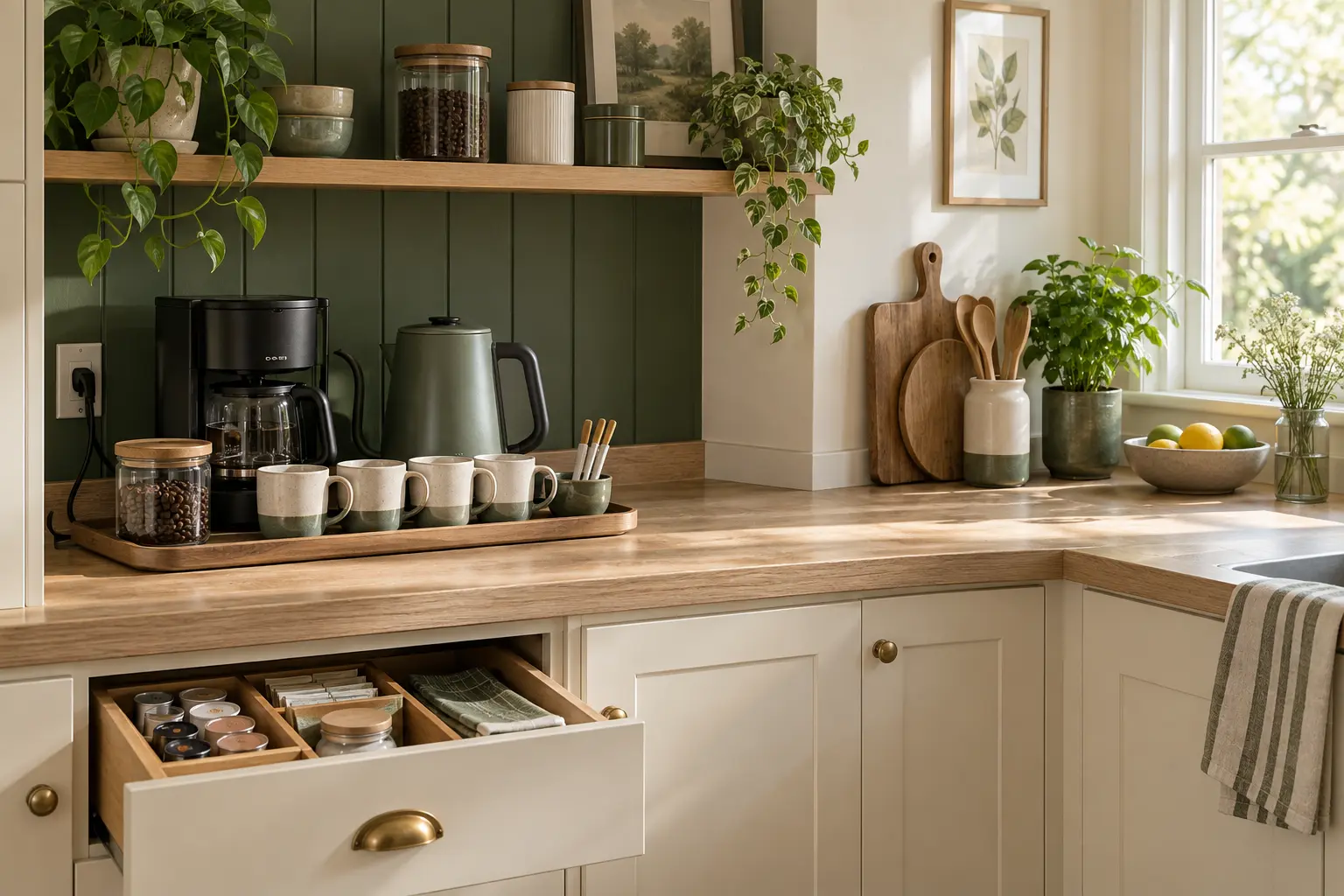 Compact coffee station with coffee maker kettle mugs and jar on one section of a small counter