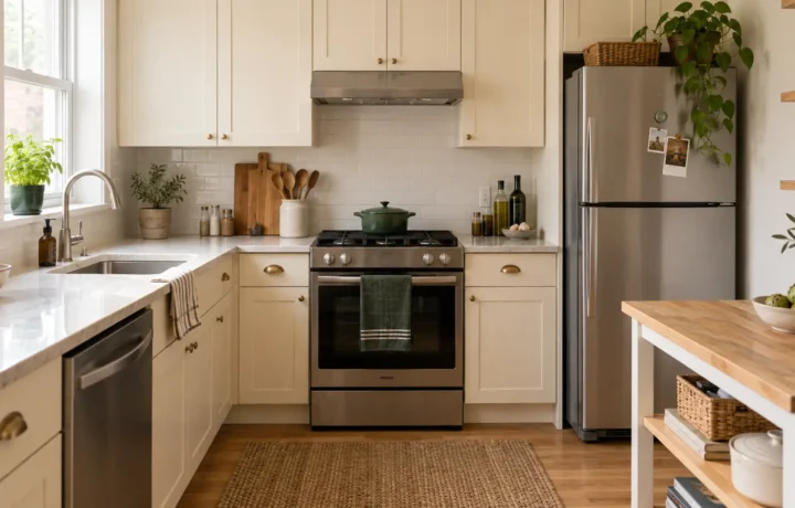 Compact cream kitchen with clear counters and practical storage zones