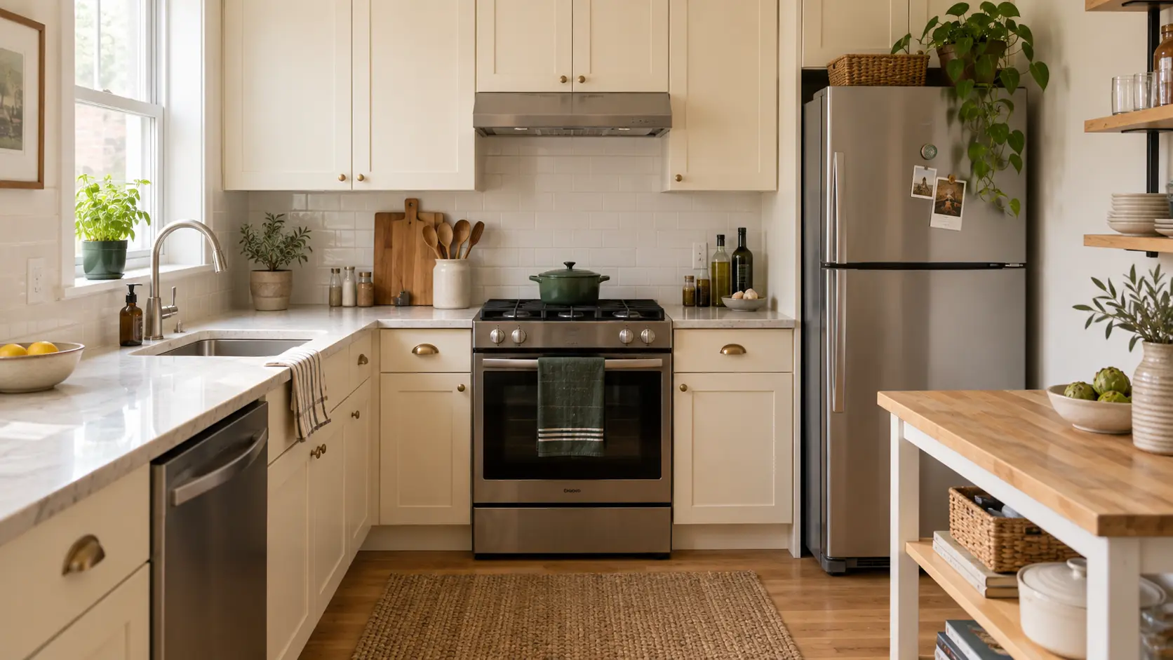 Compact cream kitchen with clear counters and practical storage zones