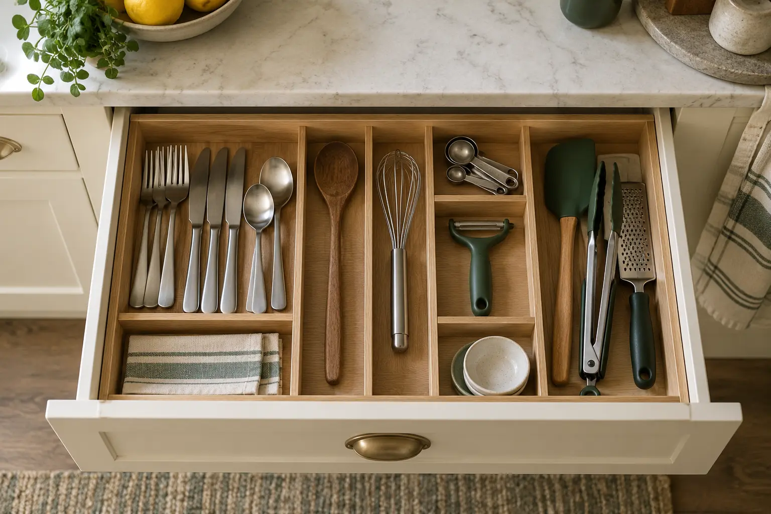 Open kitchen drawer with everyday utensils grouped in simple wooden dividers