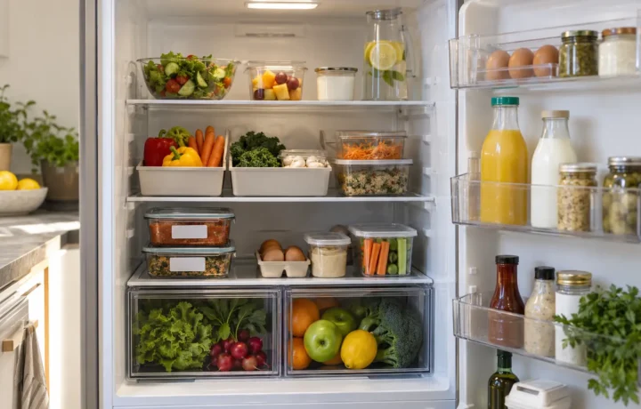 Open refrigerator with leftovers ingredients produce and condiments in visible zones