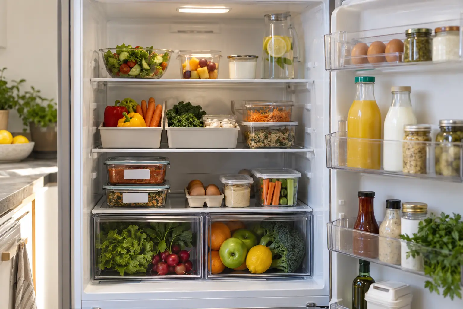 Open refrigerator with leftovers ingredients produce and condiments in visible zones