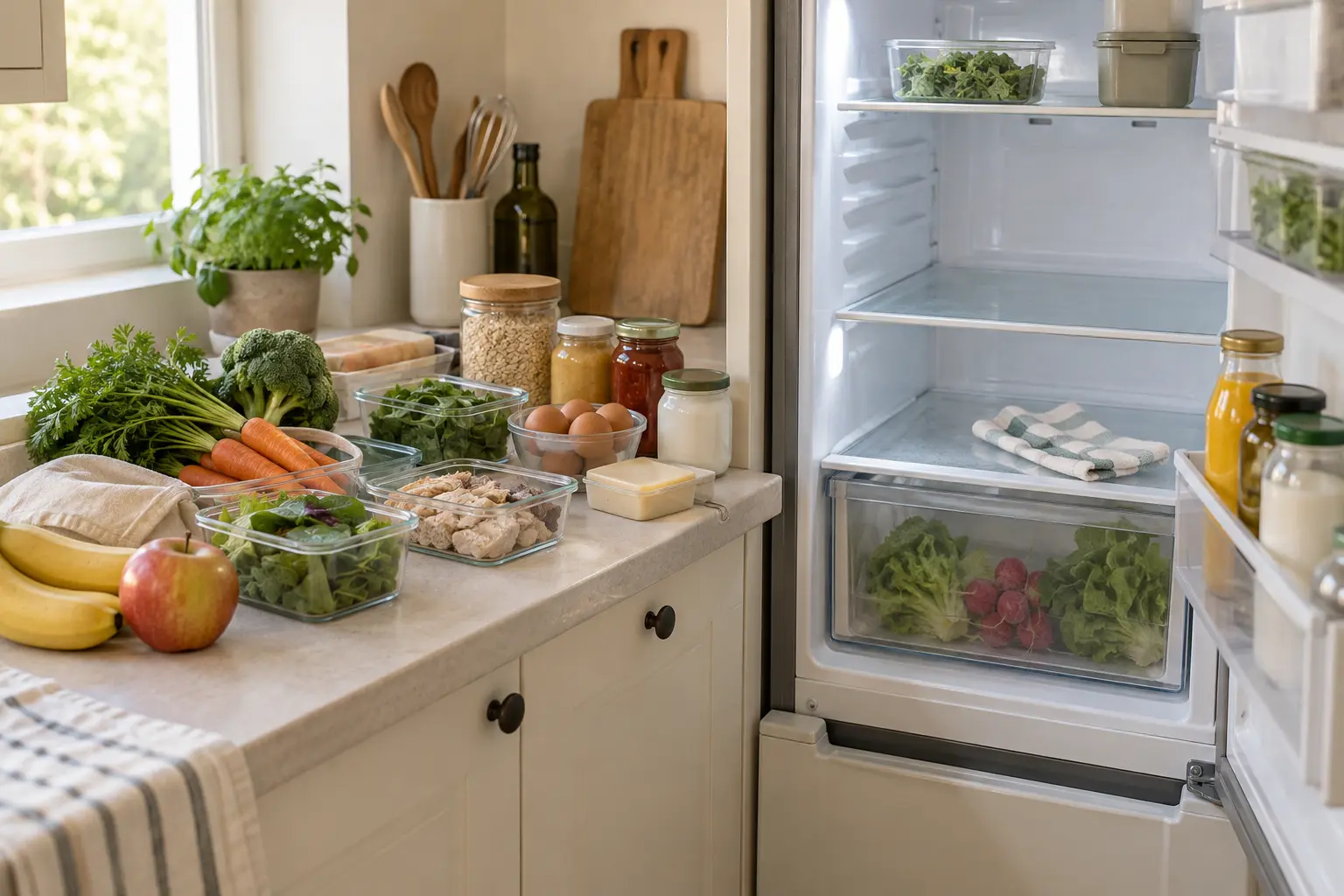 Partly cleared refrigerator beside groceries grouped on a kitchen counter