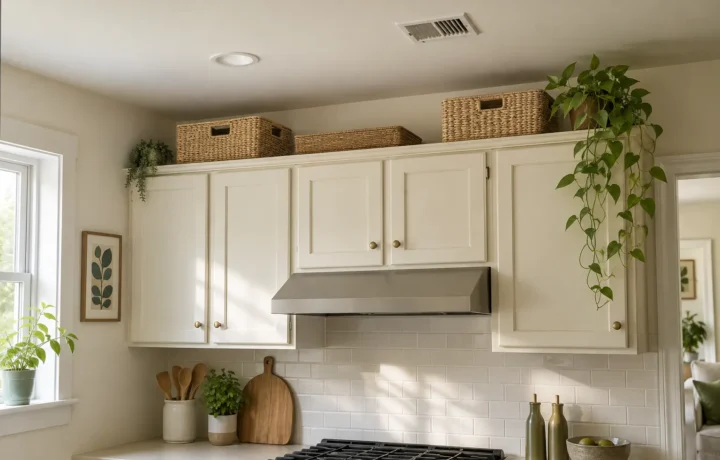 Lightweight baskets arranged with open clearance above cream kitchen cabinets