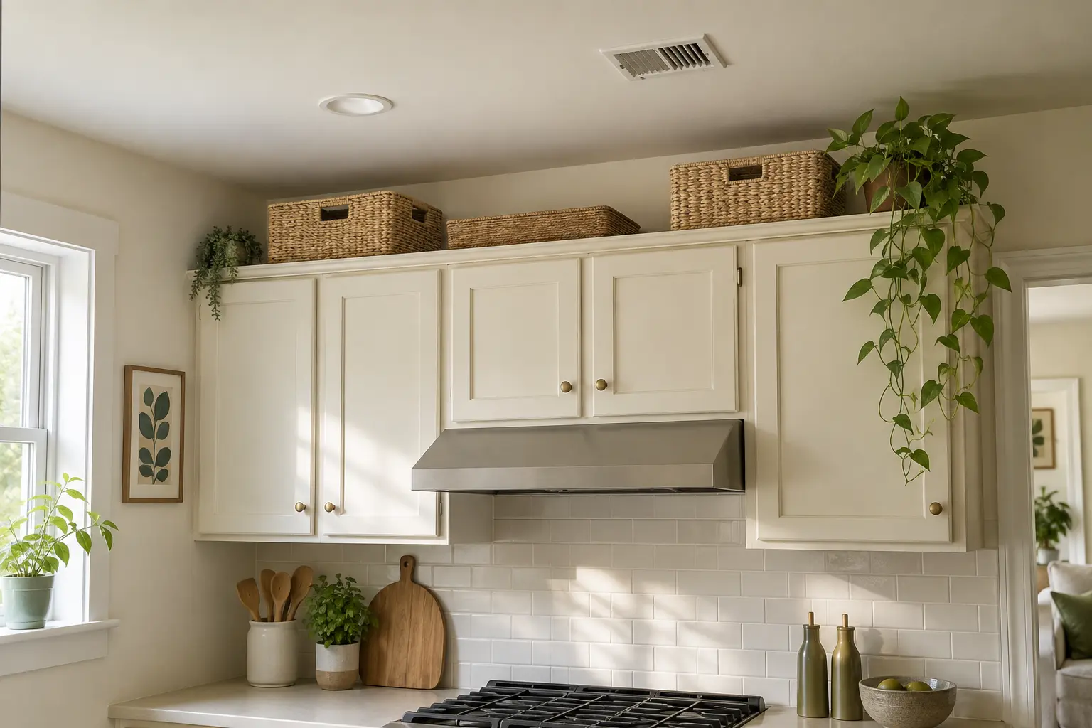 Lightweight baskets arranged with open clearance above cream kitchen cabinets