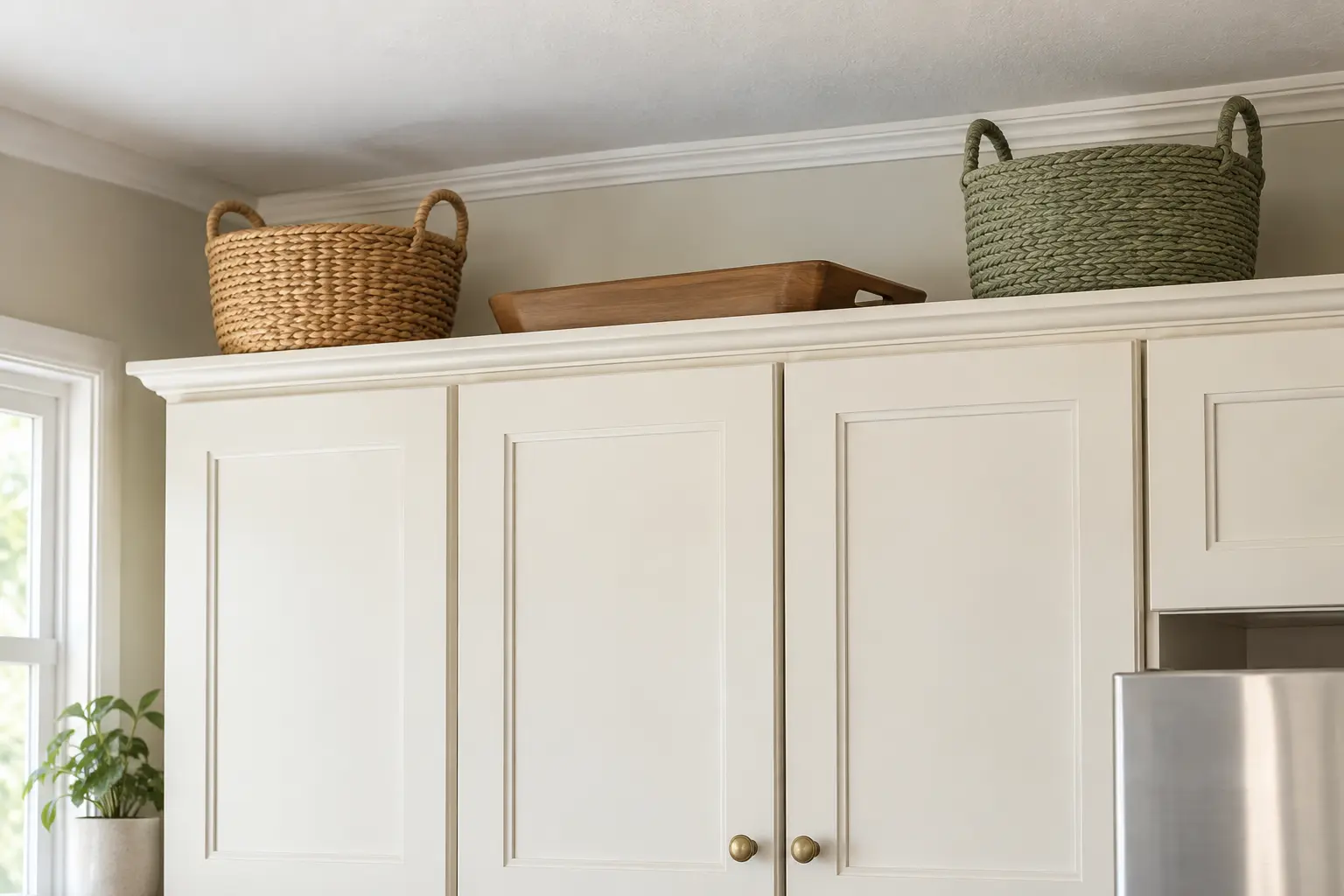 Two handled baskets and a shallow tray stored above kitchen wall cabinets
