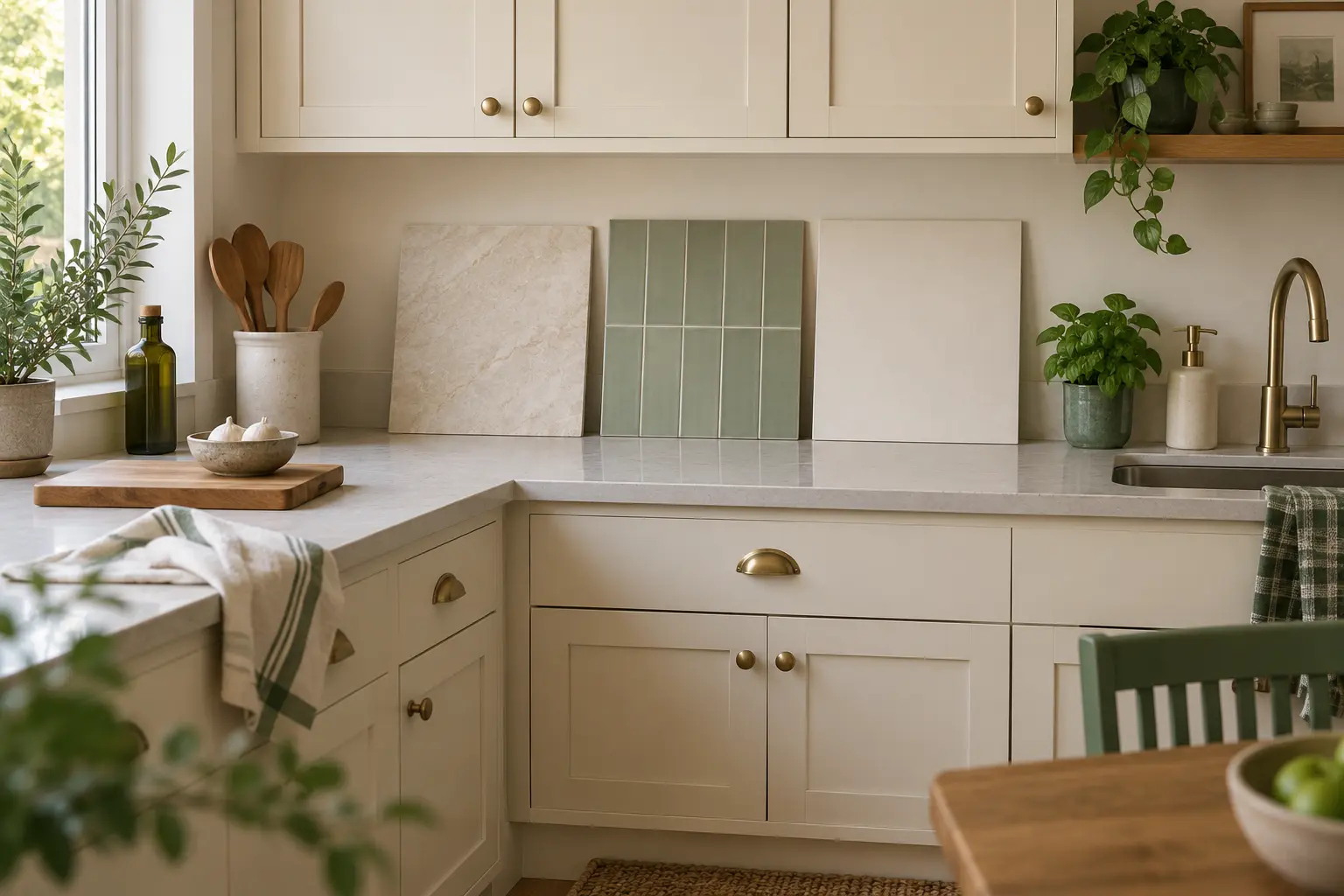 Removable backsplash sample panels resting against a compact rental kitchen wall
