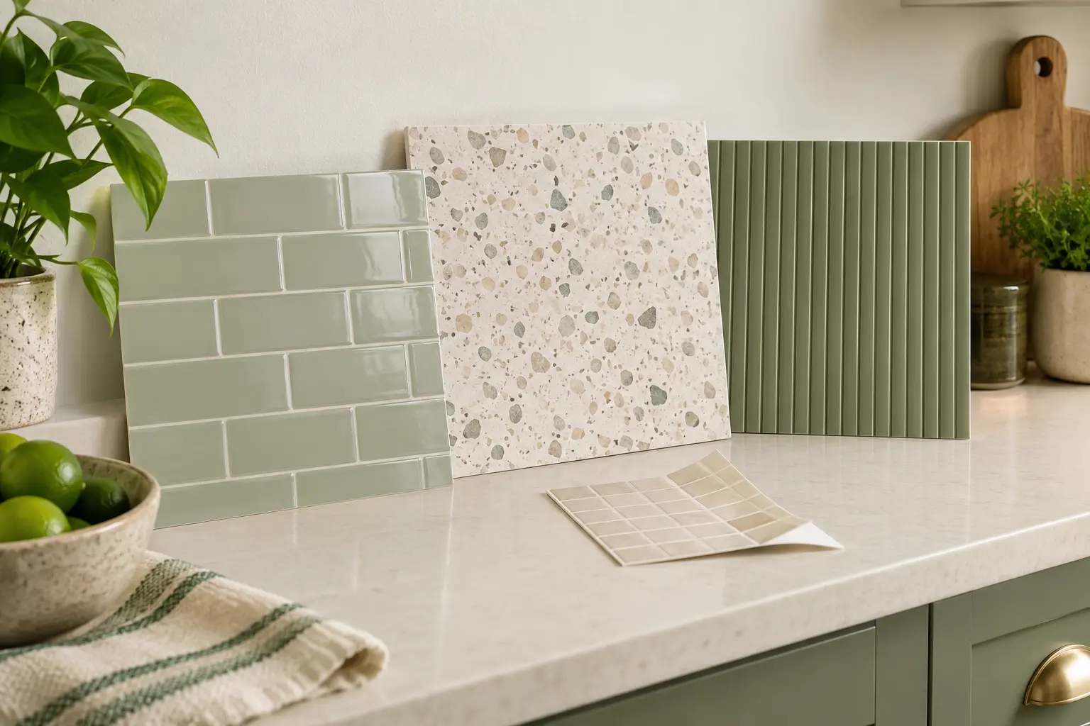Three removable kitchen backsplash samples compared on a counter
