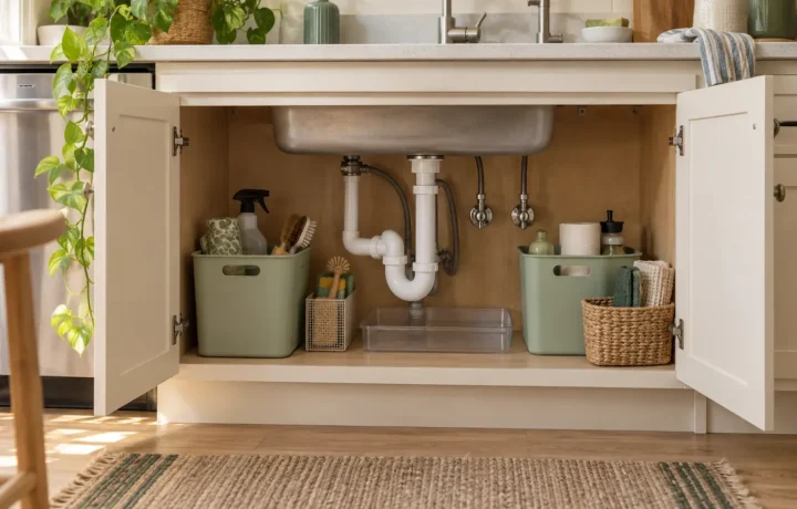 Under-sink cabinet with removable bins arranged around visible plumbing