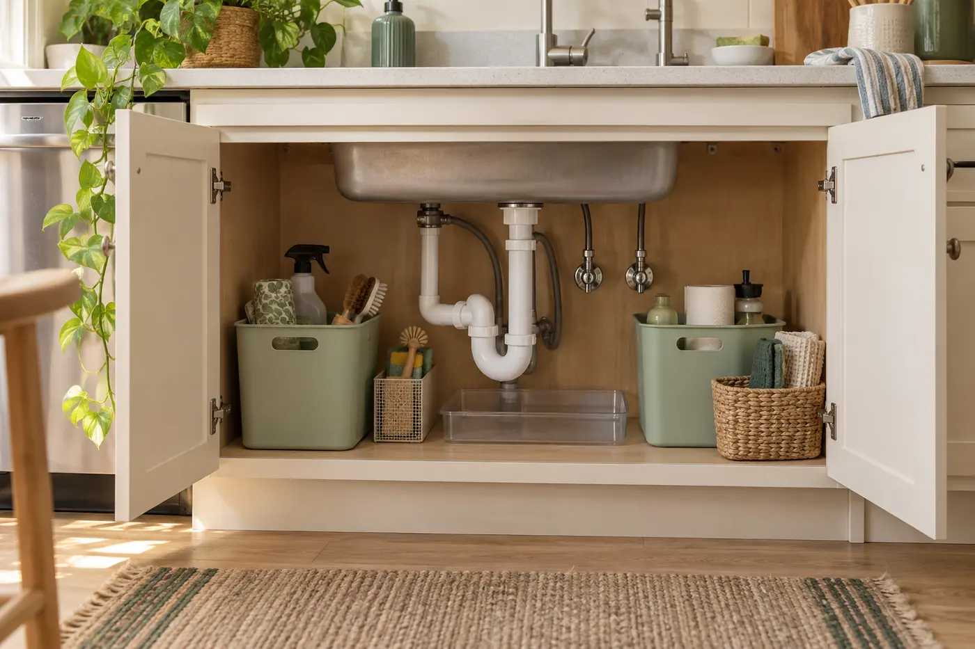 Under-sink cabinet with removable bins arranged around visible plumbing
