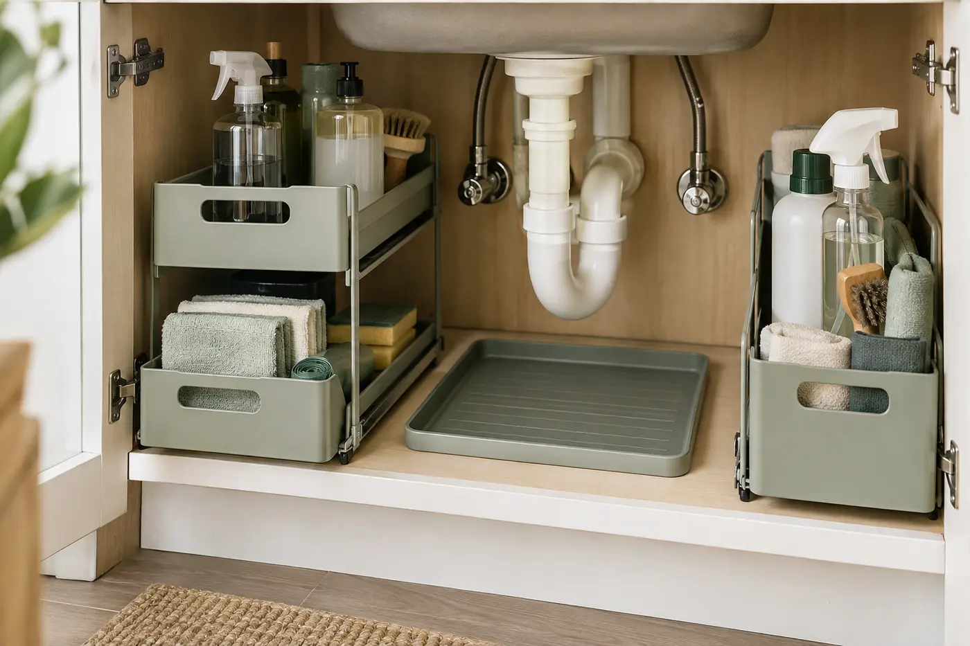 Removable under-sink caddies with a clear gap around drain pipes
